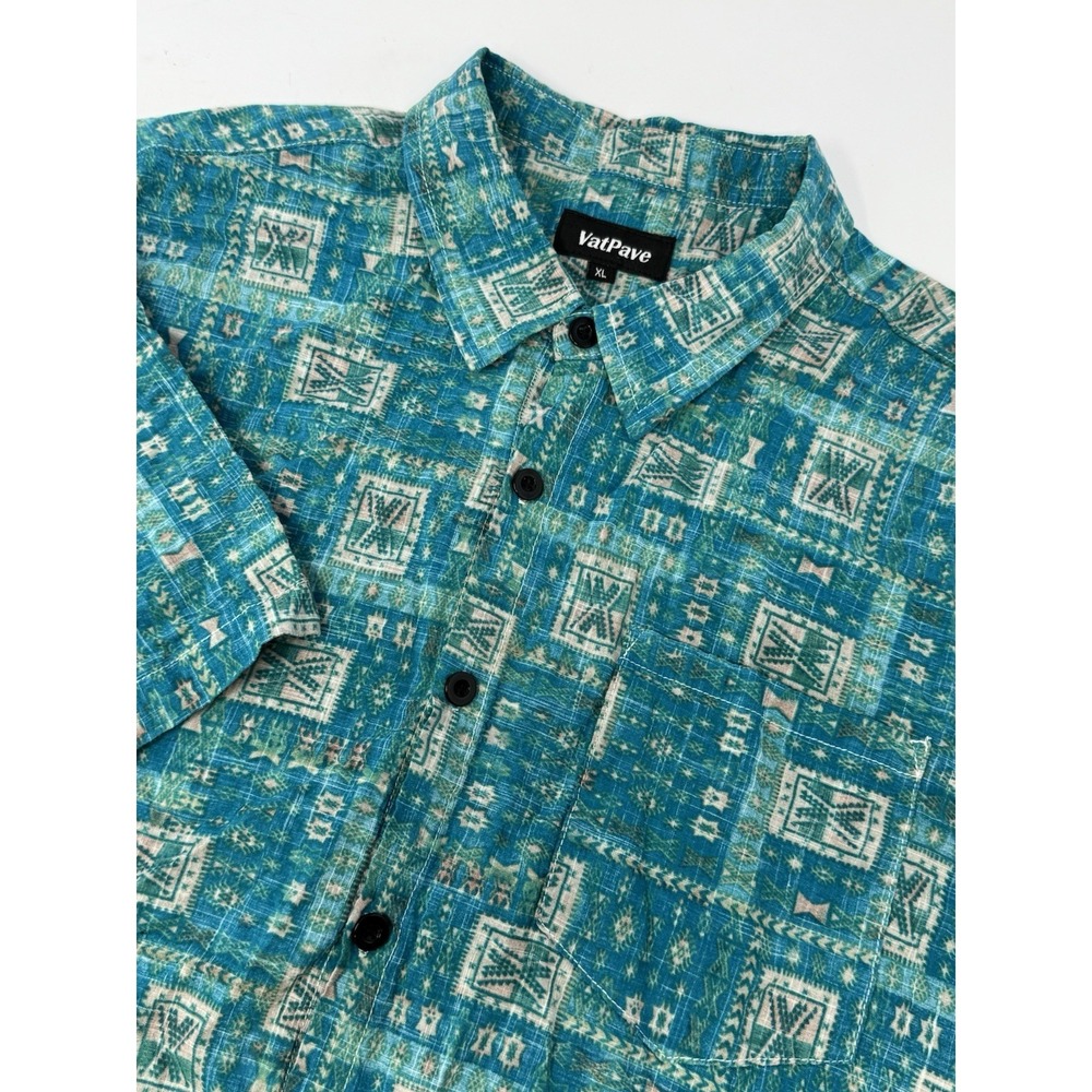 VatPave Men's Button Down Short Sleeve Shirt Green Aztec Print Size XL M5